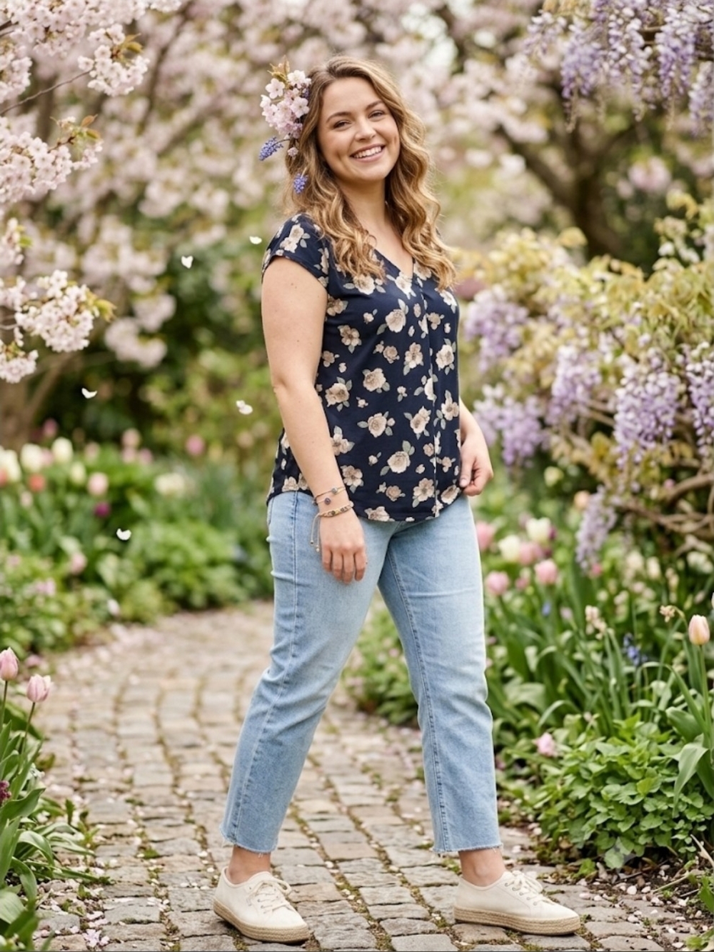 Floral V-neck Short Sleeve Viscose Top M/L